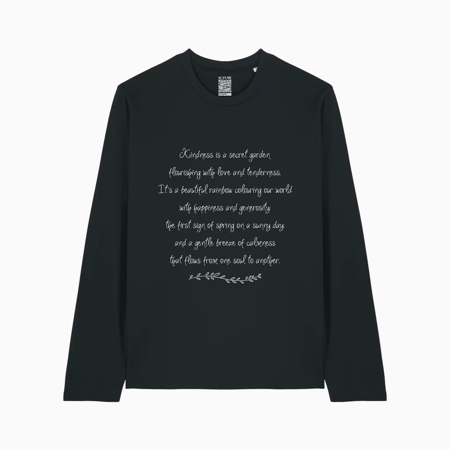 Kindness verse on Black long-sleeve shirt with white text on a Black background