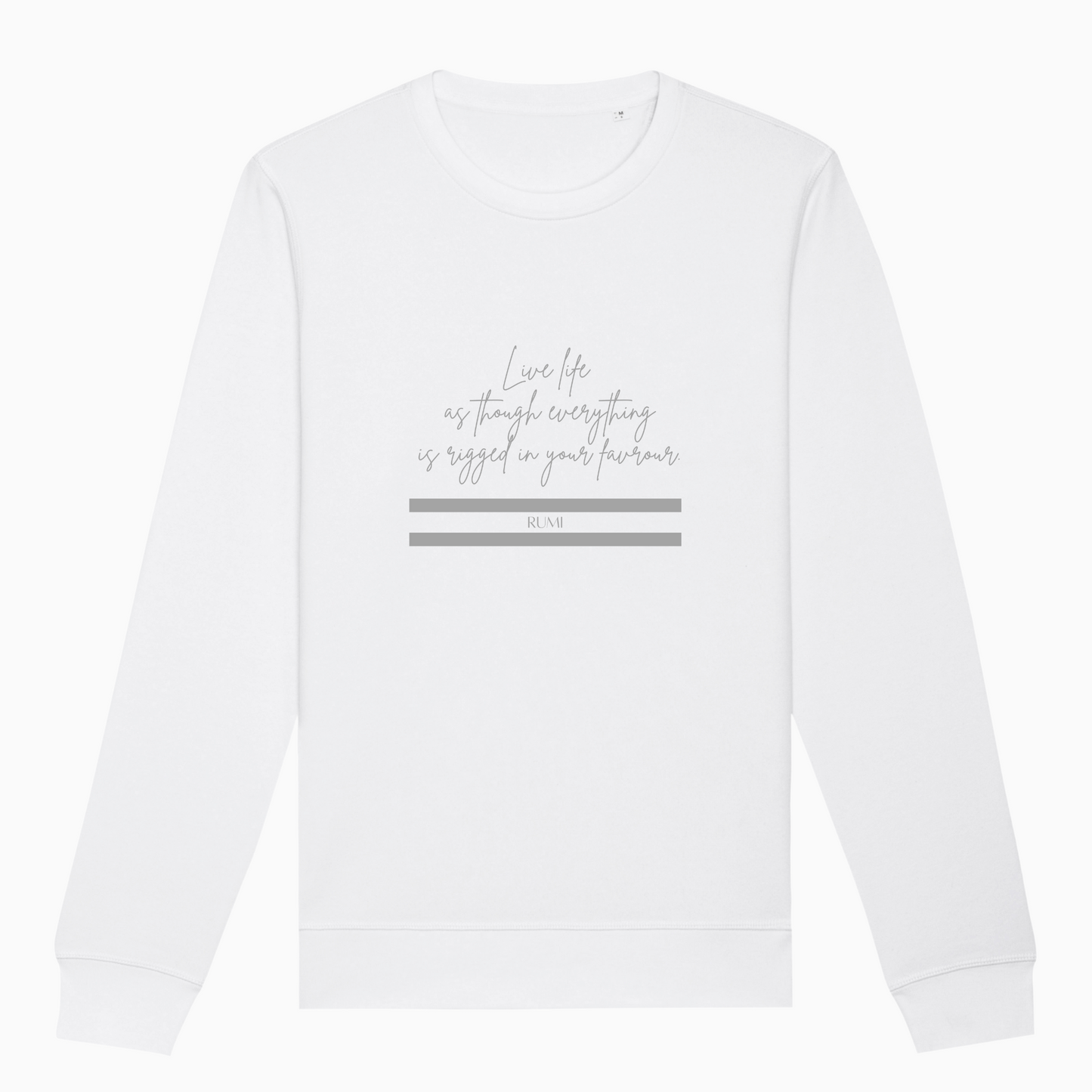 White sweatshirt with text and design on a white background