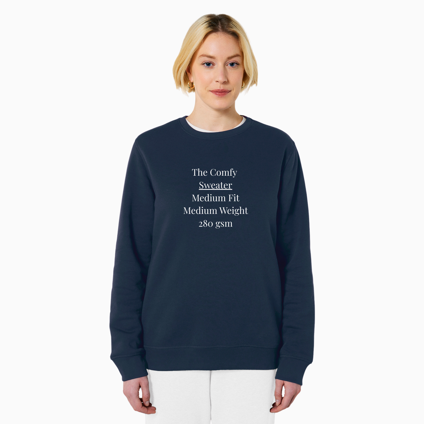 Person wearing a navy blue sweatshirt with text on a white background