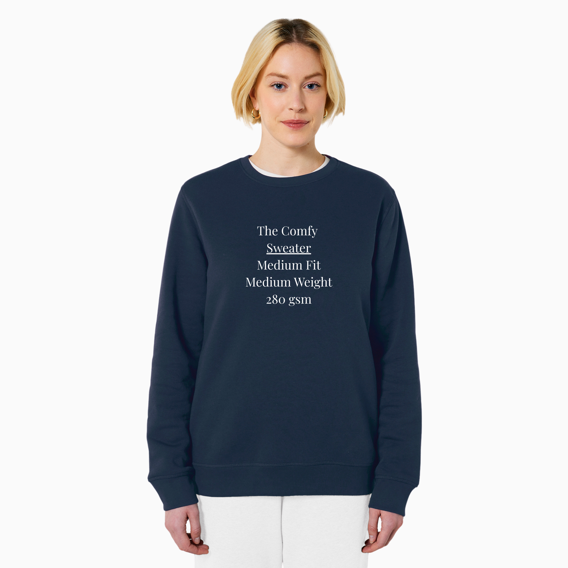 Person wearing a navy blue sweatshirt with text on a white background