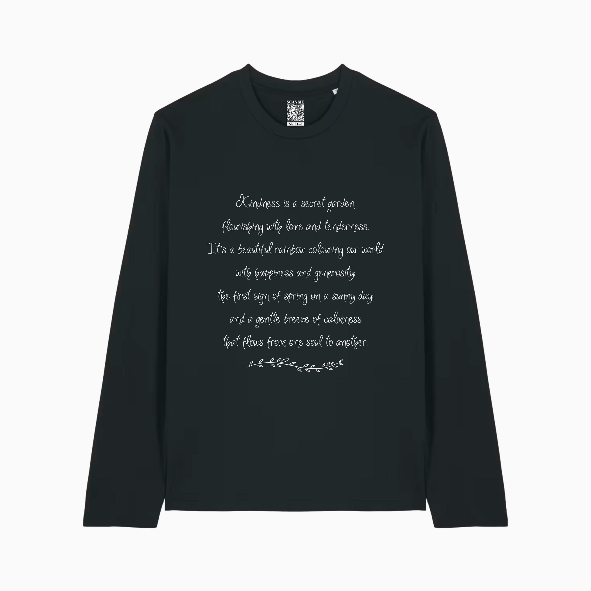 Kindness verse on Black long-sleeve shirt with white text on a Black background