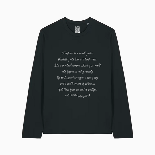 Kindness verse on Black long-sleeve shirt with white text on a Black background
