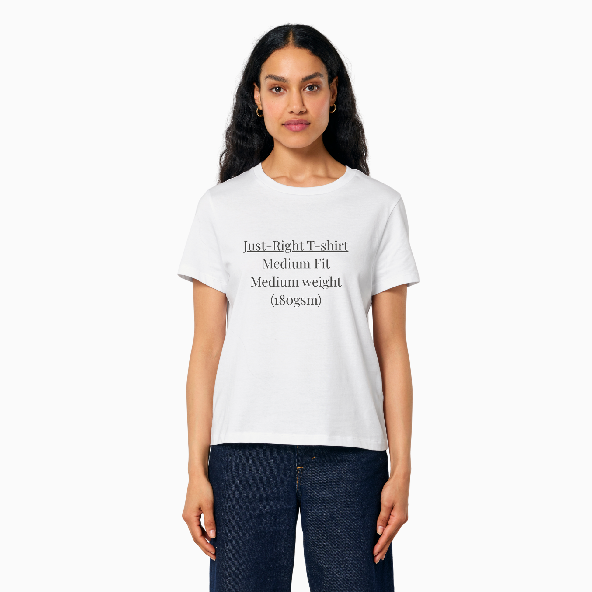 Woman wearing a white t-shirt with text on a white background