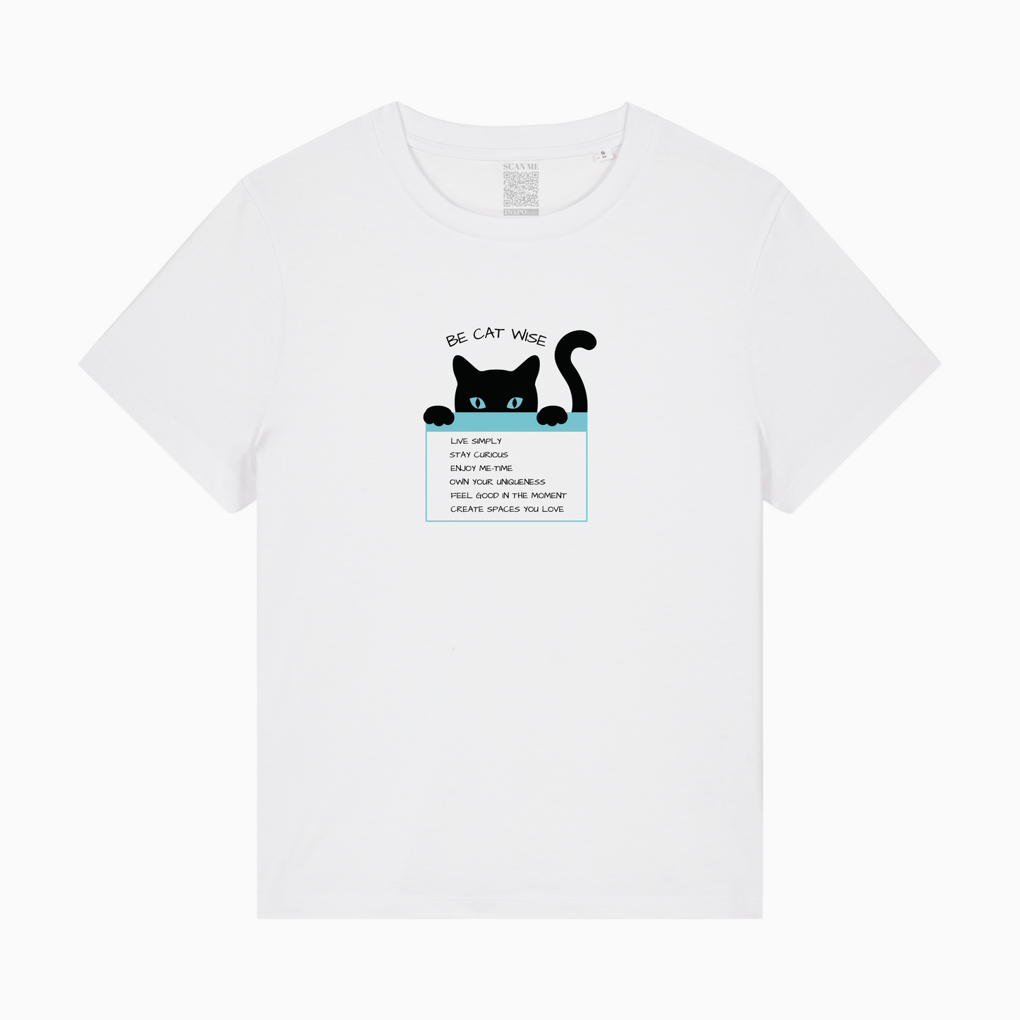 White t-shirt with a black cat graphic and text on a white background