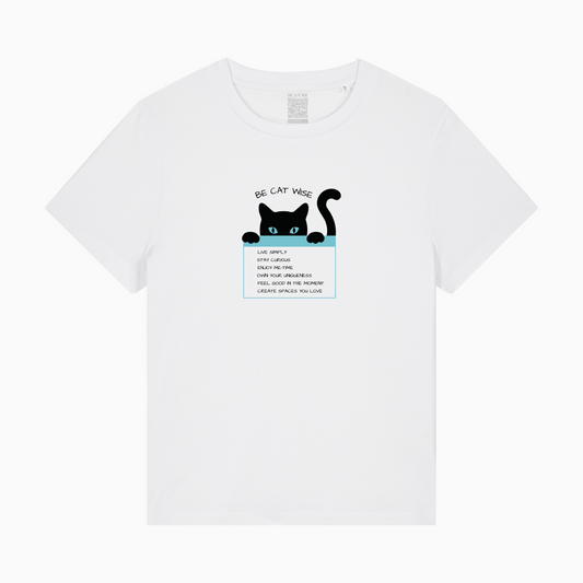 White t-shirt with a black cat graphic and text on a white background